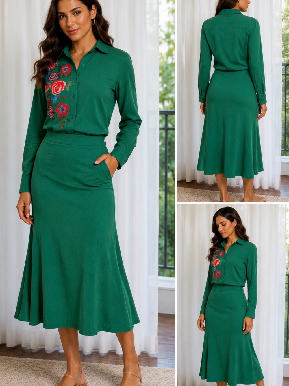 Floral Embroidered Green Blouse